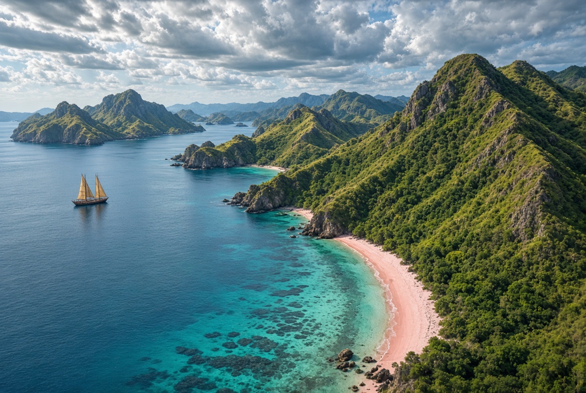Pink beach, turquoise water, and green islands