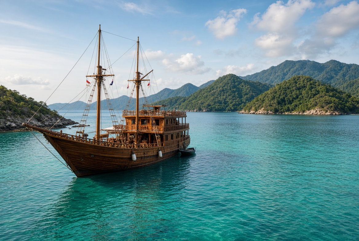 A traditional wooden boat in a green bay