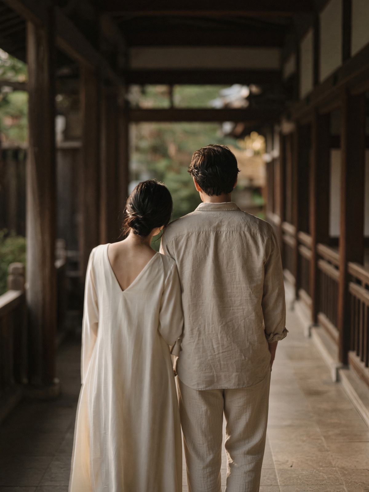 Placeholder portrait, a couple in a wooden corridor