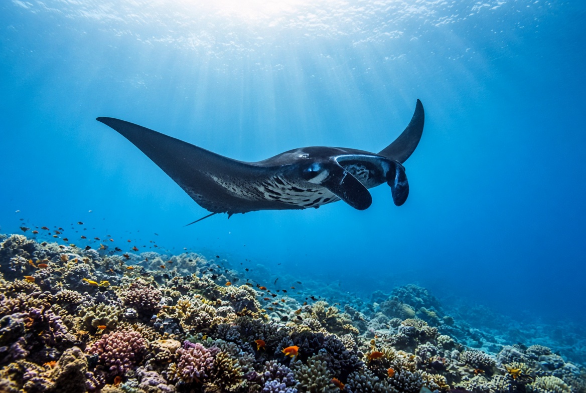 A manta ray above coral
